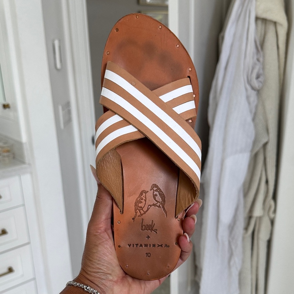 beek Tan and White Striped Sandals